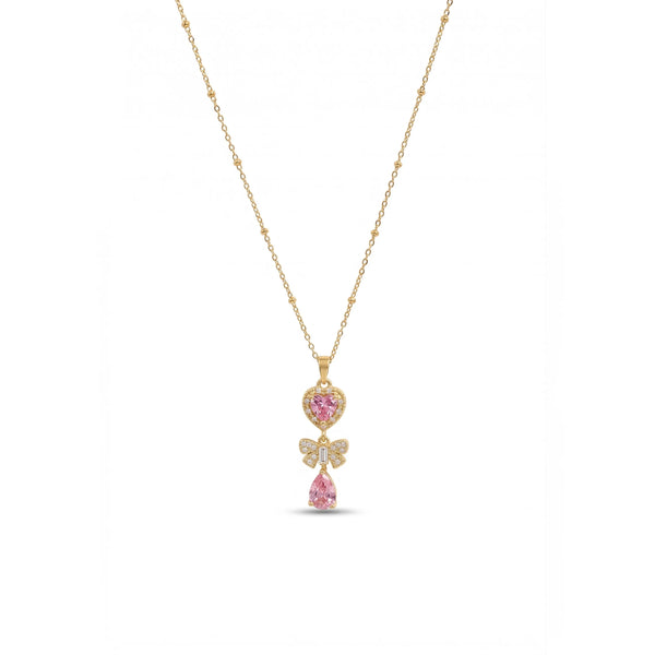 Calastara Pink Heart and Butterfly Crystal Drop Necklace in Gold for Women