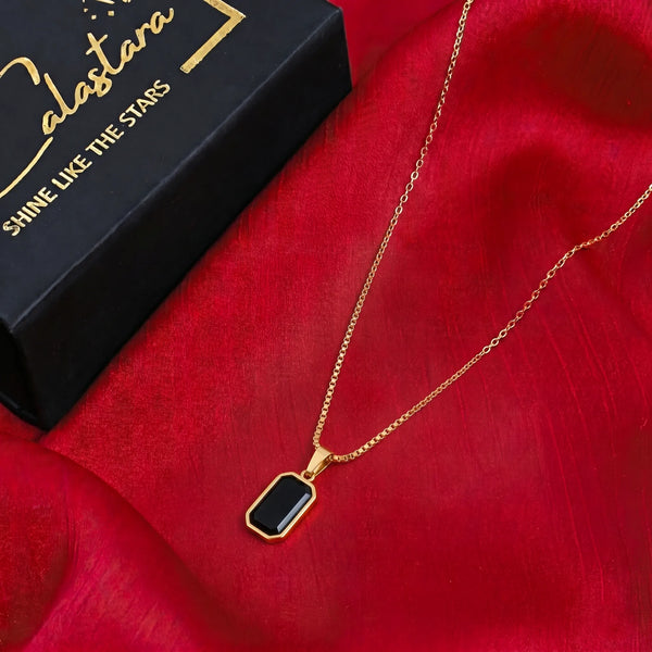 Calastara Emerald-Cut Black Onyx Bezel Pendant Box Chain Necklace for Women