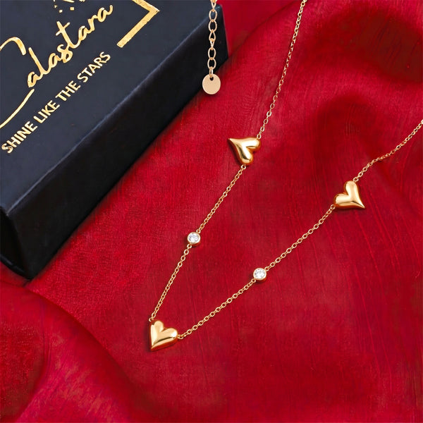 Calastara Triple Heart Crystal Gold Necklace for Women
