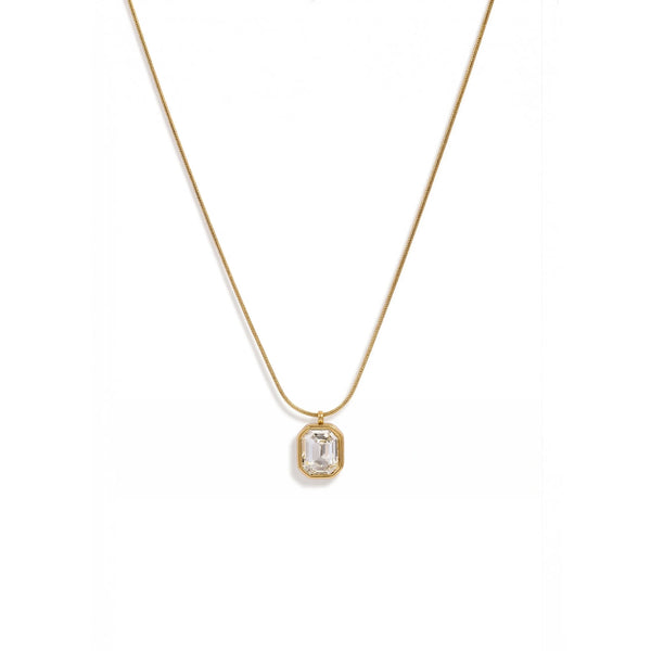 Calastara Emerald-Cut Clear Crystal Bezel Pendant Snake Chain Necklace for Women