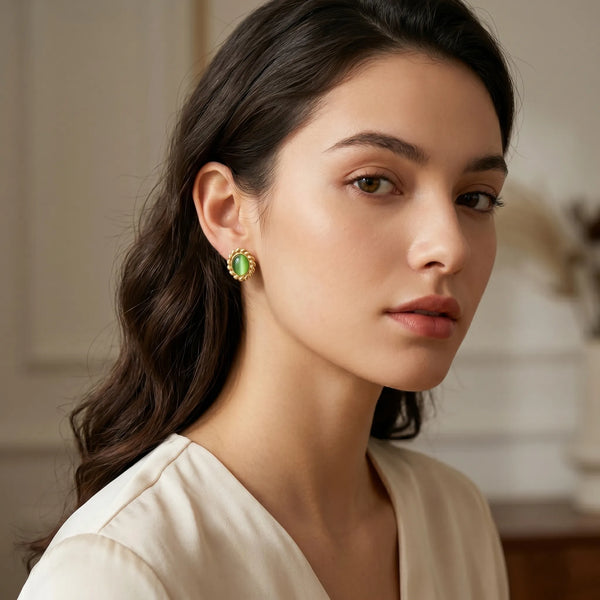 Calastara Vintage Mint Green Cat Eye Stone Stud Earrings for Women