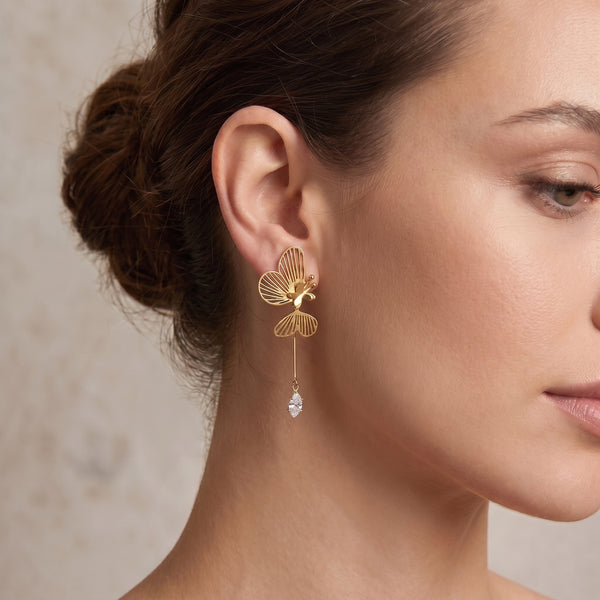 Calastara Flutter Crystal Gold Drop Earrings for Women