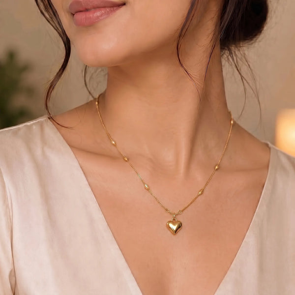Calastara Polished Puffed Heart Pendant Necklace on Beaded Chain for Women