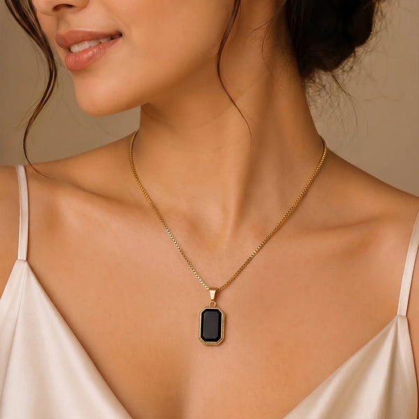 Calastara Emerald-Cut Black Onyx Bezel Pendant Box Chain Necklace for Women