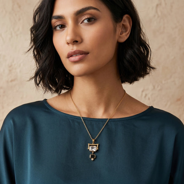 Calastara Noir Elegance Geometric Crystal Pendant Necklace for Women